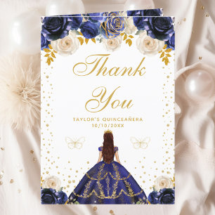 Navy Blue Floral Princess Quinceañera Thank You Card