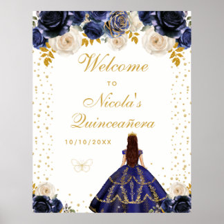 Navy Blue Floral Princess Quinceañera Welcome Poster