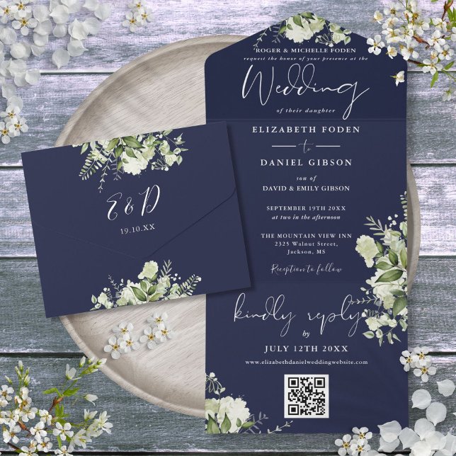 Navy Blue Floral QR Code Formal Wedding All In One Invitation (Navy Blue Floral QR Code Formal Wedding All In One Invitation)