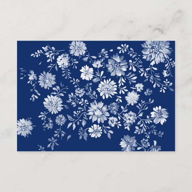 Navy Blue Floral QR Code Wedding Details Card (Back)