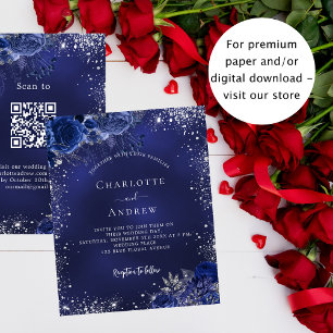 Navy blue floral QR RSVP budget wedding invitation