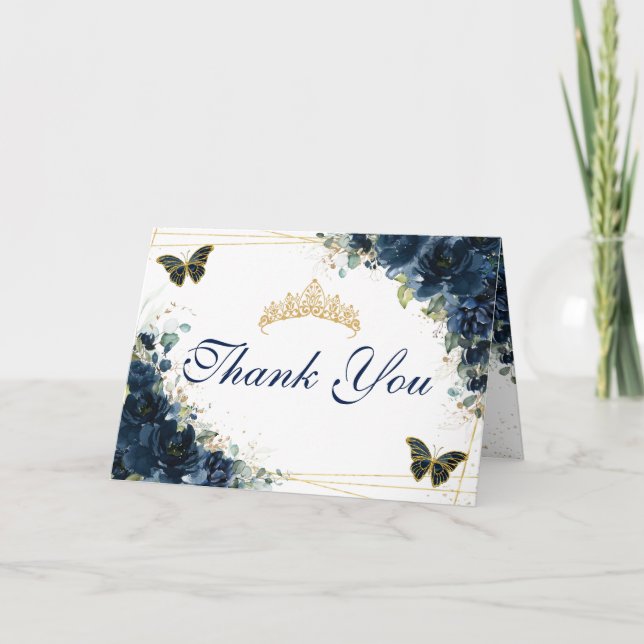 Navy Blue Floral Quinceañera Birthday Butterflies Thank You Card (Front)