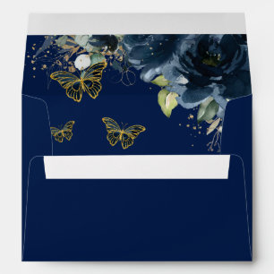 Navy Blue Floral Quinceañera Sweet 16 Butterflies Envelope