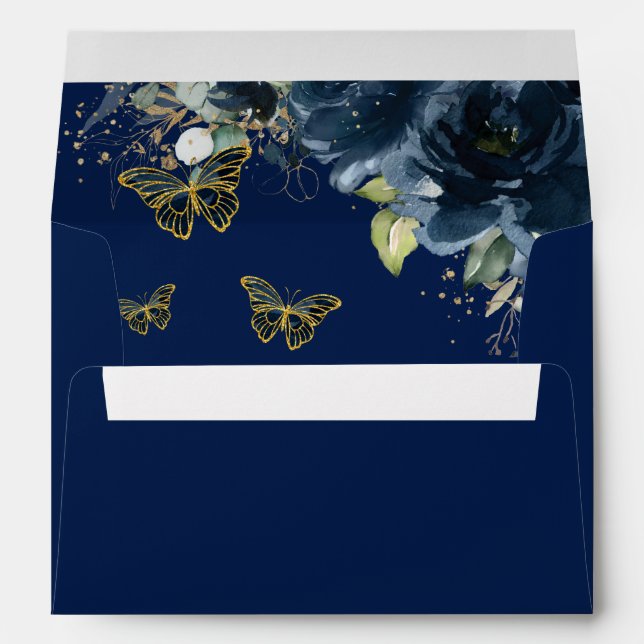 Navy Blue Floral Quinceañera Sweet 16 Butterflies Envelope (Back (Bottom))