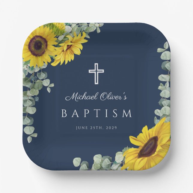 Navy Blue Floral Religious Cross Baptism Paper Plate (Front)
