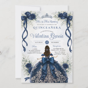 Navy Blue Floral Ribbon Bow Quinceañera Birthday Invitation