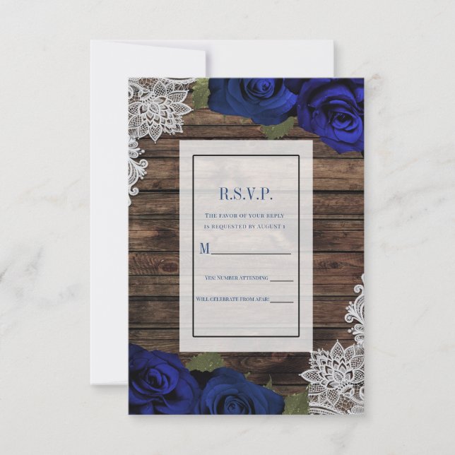 Navy Blue Floral Roses Rustic Wood Lace RSVP  Invitation (Front)