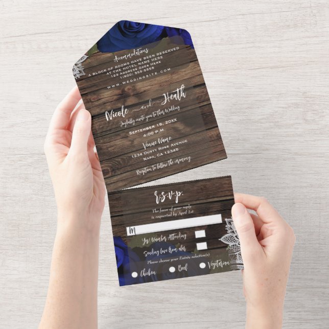 Navy Blue Floral Roses Rustic Wood Lace Wedding  All In One Invitation (Tearaway)