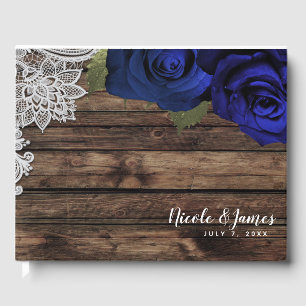 Navy Blue Floral Roses Rustic Wood Lace Wedding Guest Book