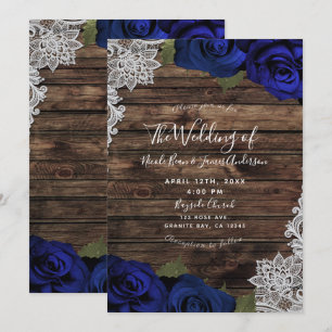 Navy Blue Floral Roses Rustic Wood Lace Wedding Invitation