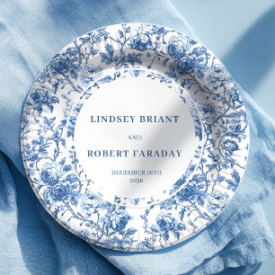 Navy Blue Floral Roses Wedding Paper Plates