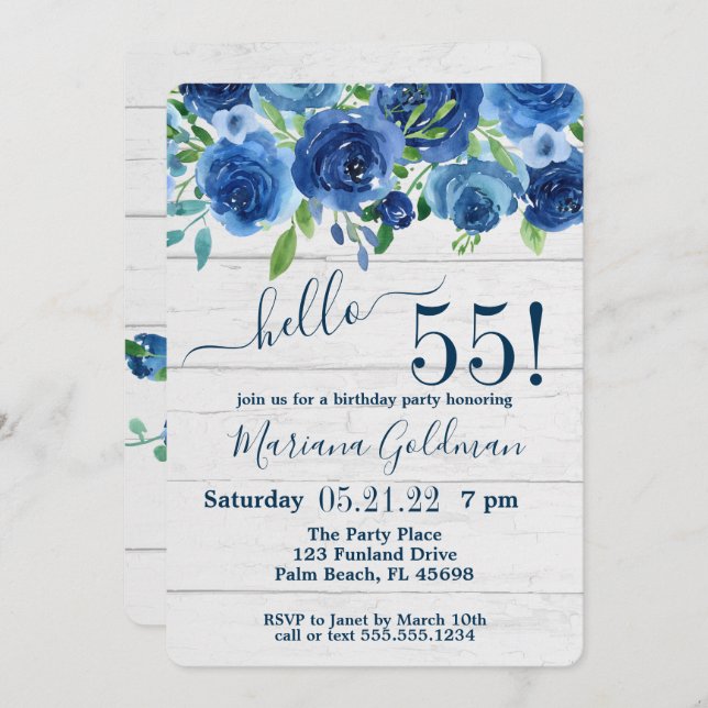 Navy Blue Floral Rustic 55th Birthday Party Invitation (Front/Back)