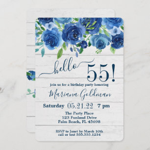 Navy Blue Floral Rustic 55th Birthday Party Invitation