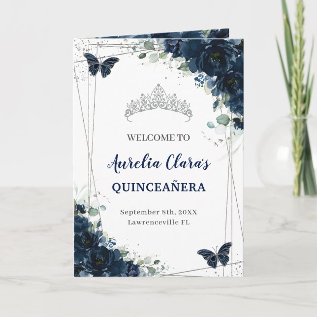 Navy Blue Floral Silver Quinceañera Order of Event Program (Front)