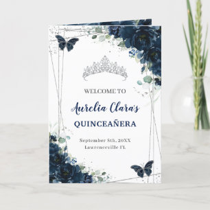Navy Blue Floral Silver Quinceañera Order of Event Program