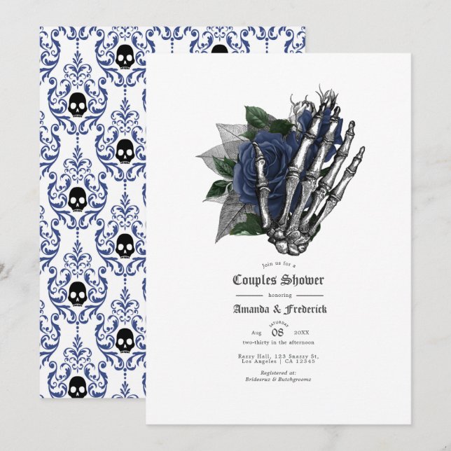 Navy Blue Floral Skull Gothic Couples Shower Invitation (Front/Back)