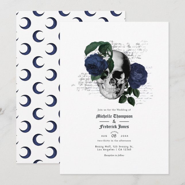Navy Blue Floral Skull Gothic Wedding Invitation (Front/Back)