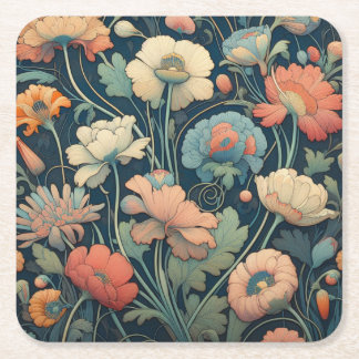 Navy blue floral square paper coaster