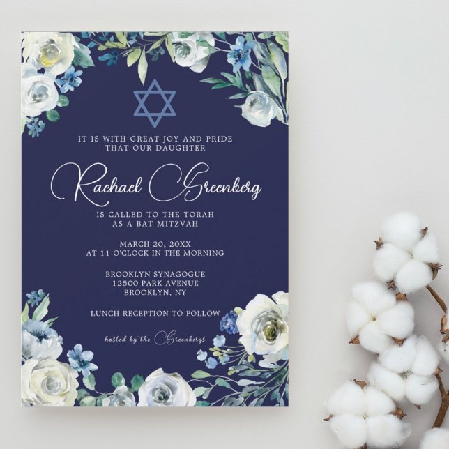 Navy Blue Floral Star of David Bat Mitzvah Invitation (Creator Uploaded)