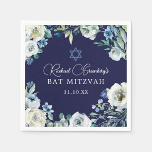 Navy Blue Floral Star of David Bat Mitzvah Party Napkin