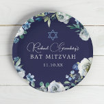 Navy Blue Floral Star of David Bat Mitzvah Party Paper Plate<br><div class="desc">Beautiful white peony flowers and green watercolor leaves form an elegant border on this pretty navy blue floral Bat Mitzvah party paper plate. Your daughter's name is written in chic, white calligraphy above her photo on this party decor under a Star of David for a Jewish family celebrating a girl...</div>