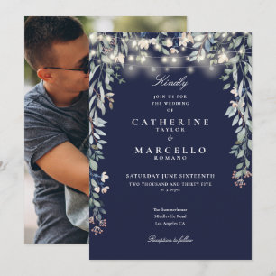Navy Blue Floral String Lights Photo Wedding Invitation