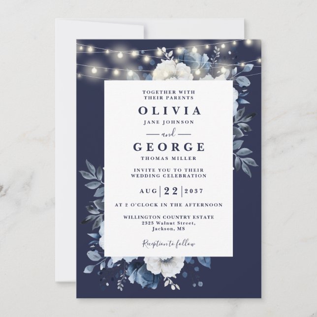 Navy Blue Floral String Lights QR Code Wedding Invitation (Front)