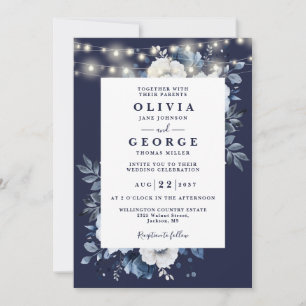 Navy Blue Floral String Lights QR Code Wedding Invitation