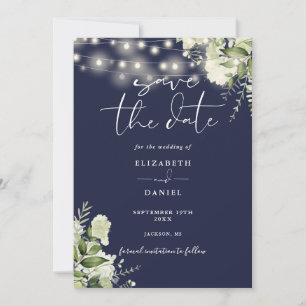 Navy Blue Floral String Lights QR Code Wedding Save The Date