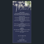 Navy Blue Floral String Lights Wedding Dinner Menu<br><div class="desc">This elegant navy blue floral greenery string lights wedding menu can be personalized with your information in chic typography with your monogram initials on the reverse. Designed by Thisisnotme©</div>