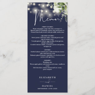 Navy Blue Floral String Lights Wedding Dinner Menu