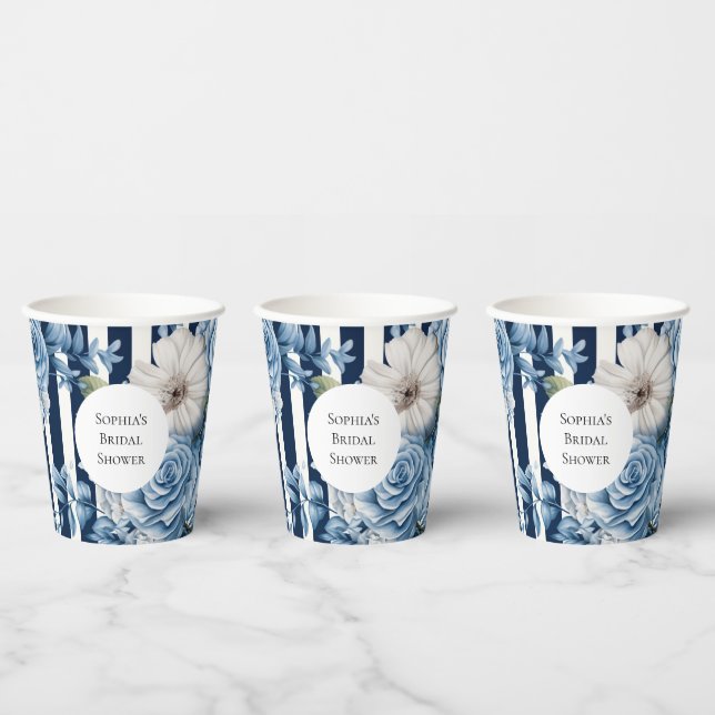 Navy Blue Floral Stripes Bridal Shower Paper Cups (Multi)