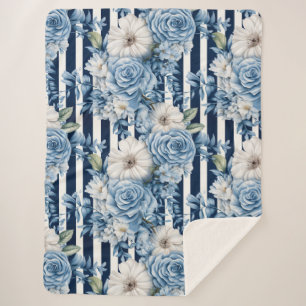 Navy Blue Floral Stripes Bridal Shower Sherpa Blanket