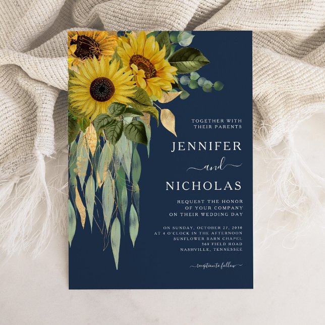 Navy Blue Floral Sunflower Eucalyptus Wedding Invitation (Navy Blue Floral Sunflower Eucalyptus Wedding Invitation)
