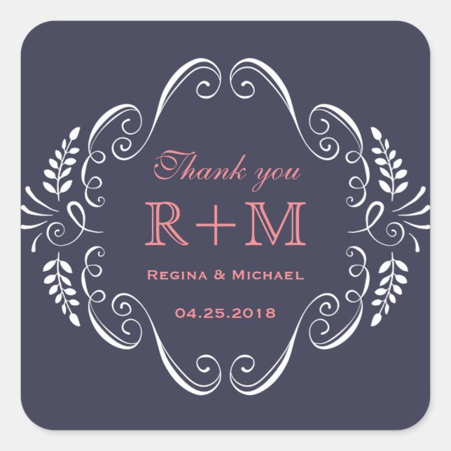 Navy Blue Floral Swirl Curl Wedding Favour Sticker (Front)