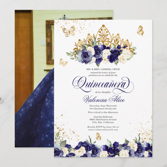 Navy Blue Floral Tiara Butterfly Photo Quinceanera Invitation (Front/Back)