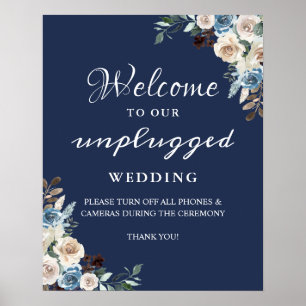 Navy Blue Floral Unplugged Wedding Sign