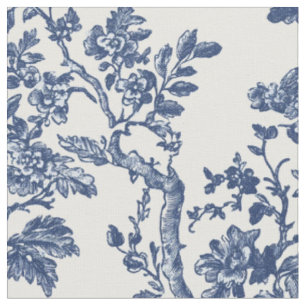 Navy Blue Floral Vine Toile Fabric