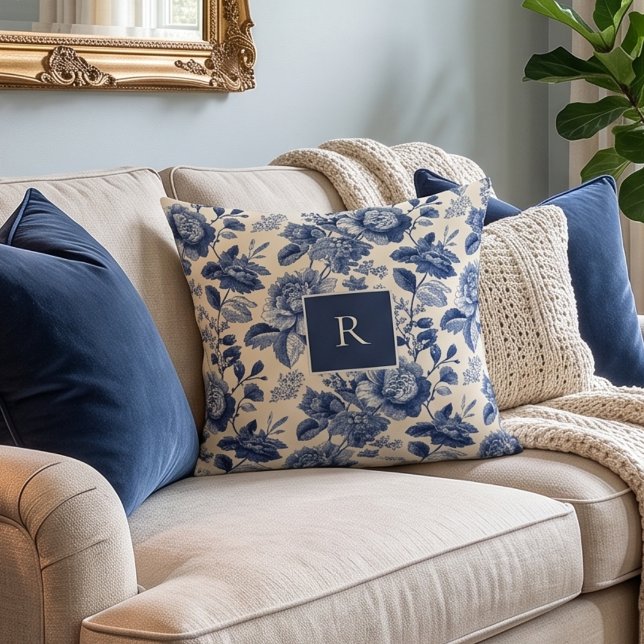 Navy Blue Floral Vintage Monogram  Throw Pillow (Creator Uploaded)