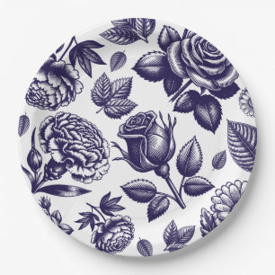 Navy Blue Floral Vintage Paper Plate