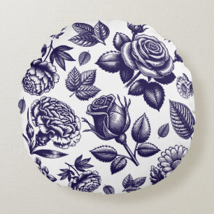 Navy Blue Floral Vintage Round Pillow