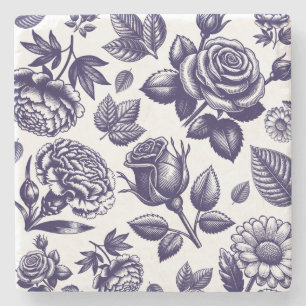Navy Blue Floral Vintage Stone Coaster