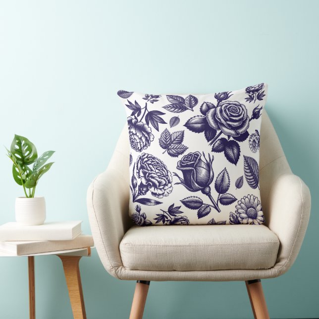 Navy Blue Floral Vintage Throw Pillow (Chair)