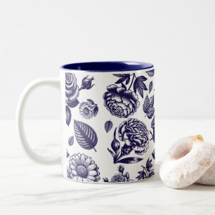 Navy Blue Floral Vintage  Two-Tone Coffee Mug