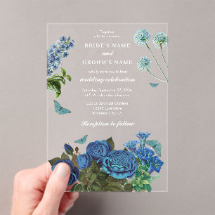 Navy Blue Floral Watercolor Elegant Wedding  Acrylic Invitations