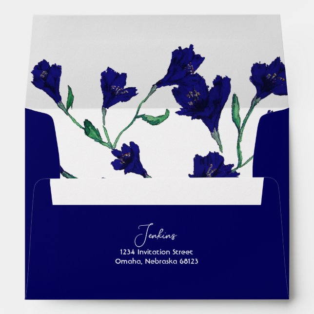 Navy Blue Floral Watercolor Wedding Envelope (Back (Bottom))