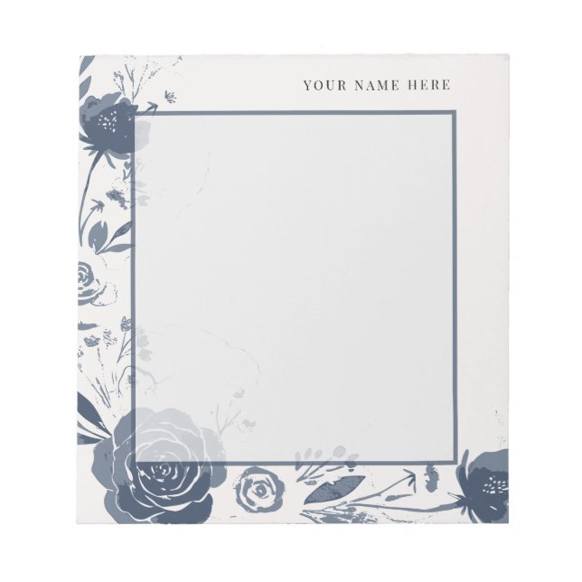 Navy Blue Floral Watercolor with Name Notepad (Front)