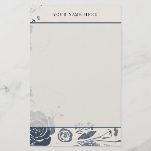 Navy Blue Floral Watercolor with Name Stationery
