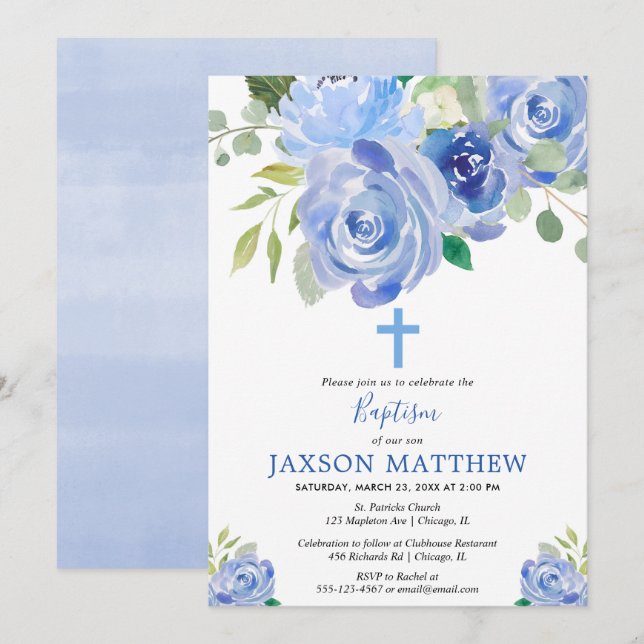 Navy blue floral watercolors baptism boy invitation (Front/Back)