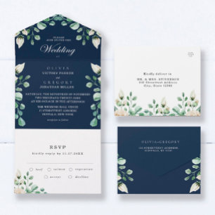 Navy Blue Floral Wedding All In One Invitation